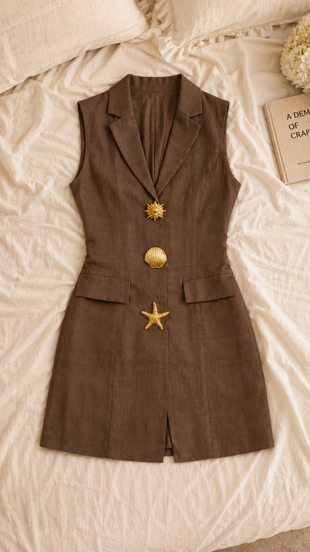Women's Brown Sleeveless Blazer Dress - Luxury Linen Look Mini Dress with Gold Nautical Buttons