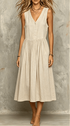 Women's V-Neck Literary-Style Suspender Dress — Sleeveless Linen Dress