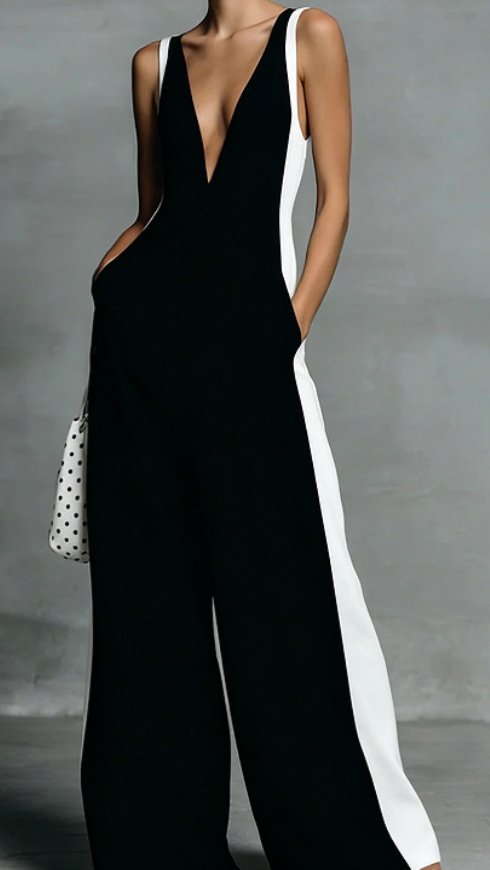 Women's Fashion Black and White Cotton Linen Color Block Thin Strap Jumpsuit