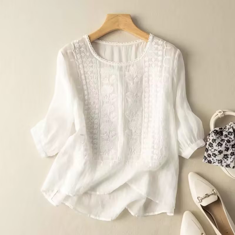 Soft Linen White Lace Embroidered Blouse Elegant 3/4 Sleeve Daily Loose Fit Top