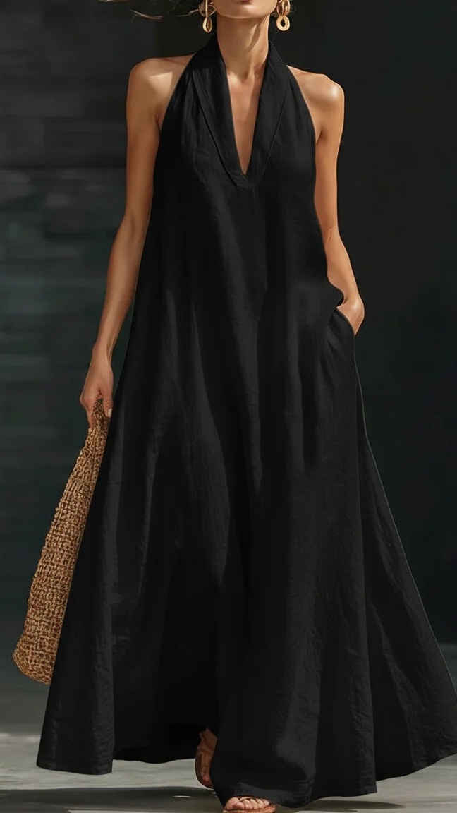 Women's Casual Solid-Color V-Neck Dress