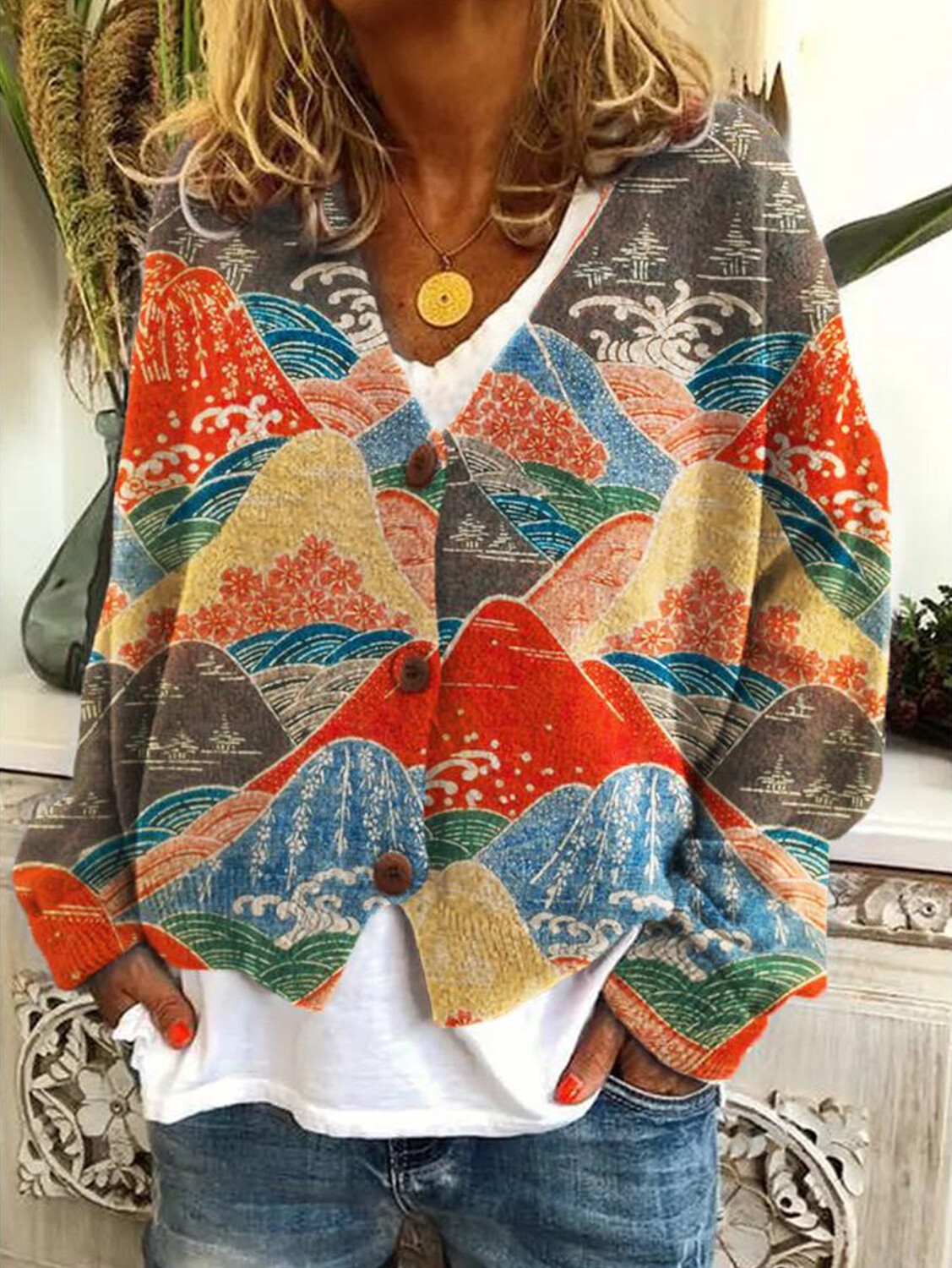 Women's casual floral pattern three-button knitted cardigan sweater