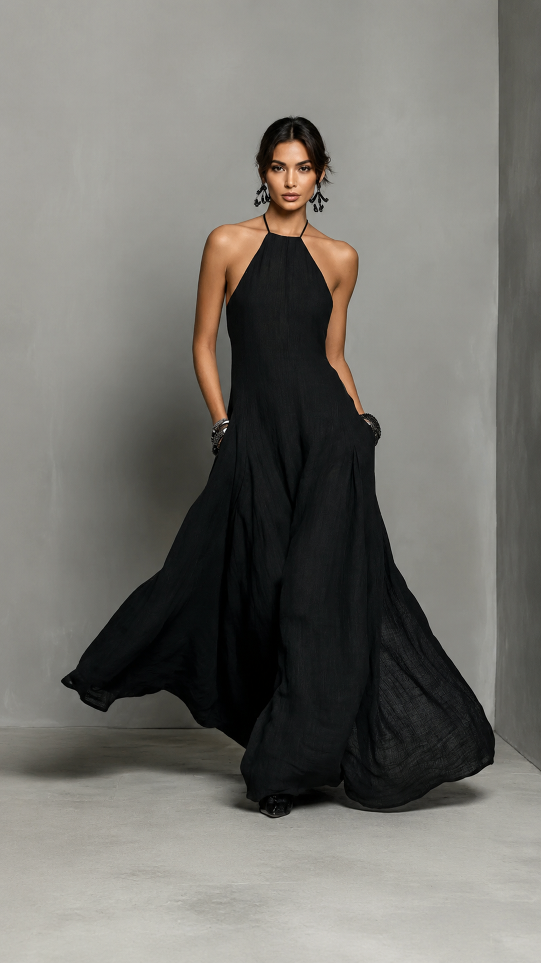 alt=“2026 Spring Linen-Blend Off-Shoulder A-Line Maxi Dress - Retro Literary Travel Style,  Black”
