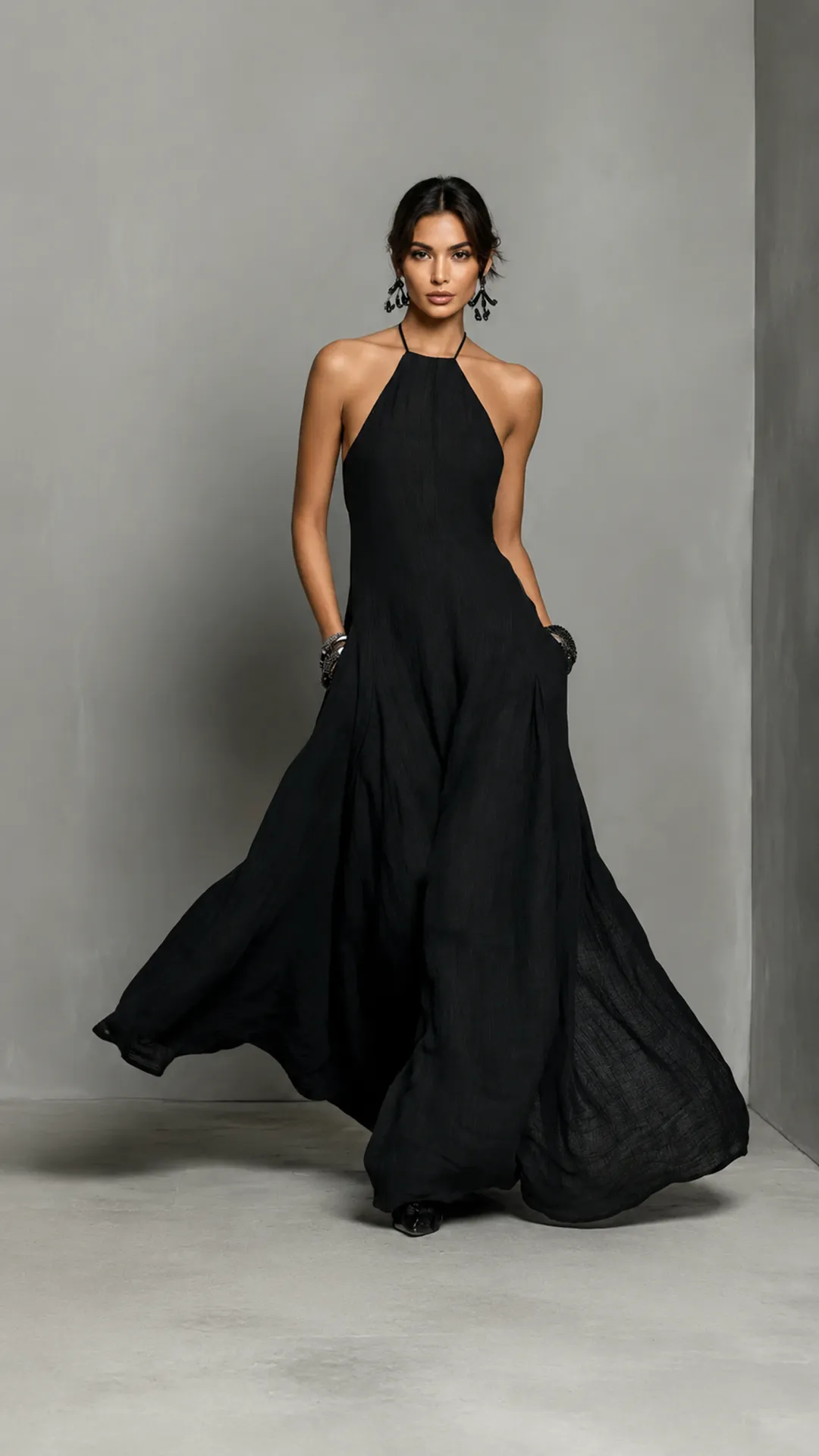 Elegant Linen Blend Maxi Dress for Women – Sleeveless A-Line Summer Dress with Halter Neck, Perfect Wedding Guest & Vacation Outfit