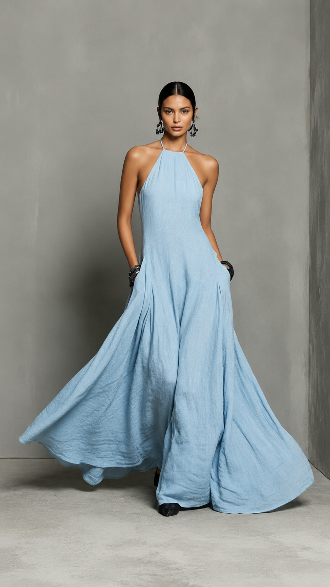 alt=“2026 Spring Linen-Blend Off-Shoulder A-Line Maxi Dress - Retro Literary Travel Style,  Blue”