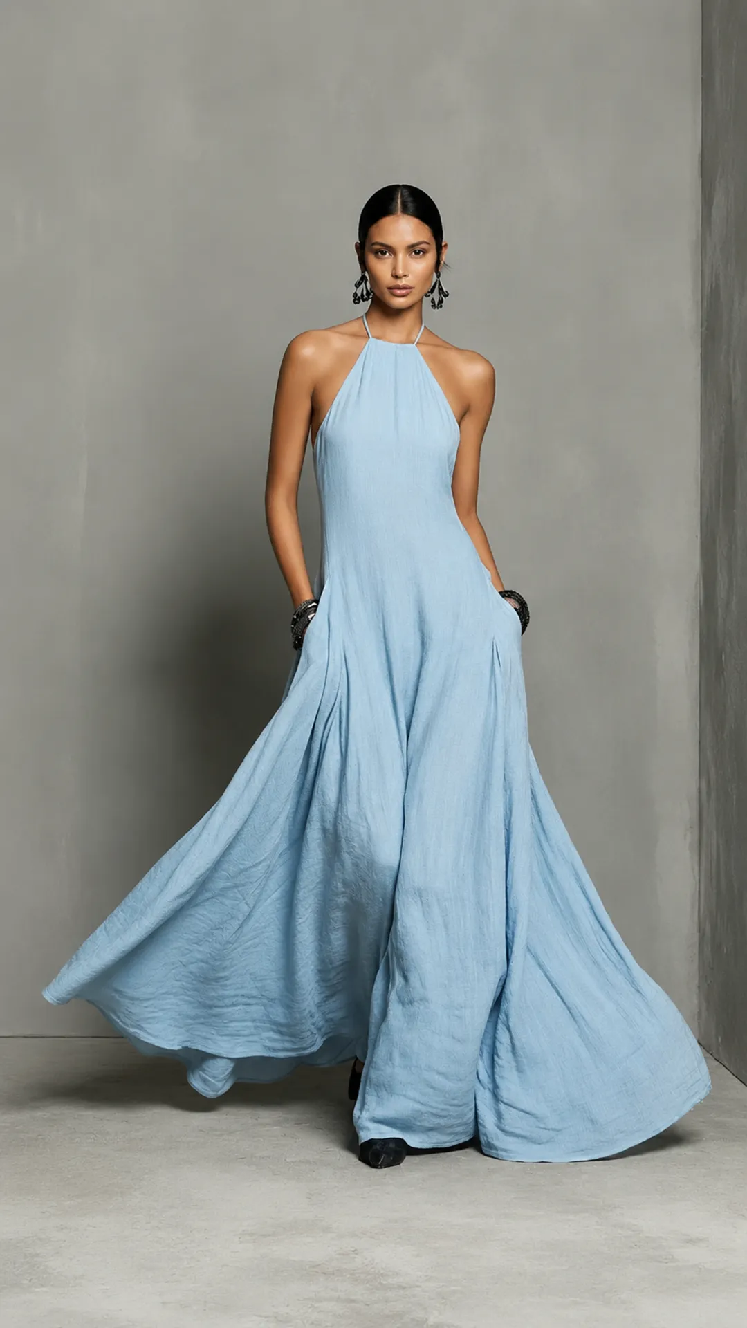 Elegant Linen Blend Maxi Dress for Women – Sleeveless A-Line Summer Dress with Halter Neck, Perfect Wedding Guest & Vacation Outfit