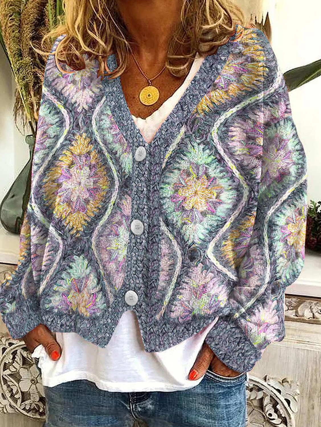 Women's casual floral pattern three-button knitted cardigan sweater