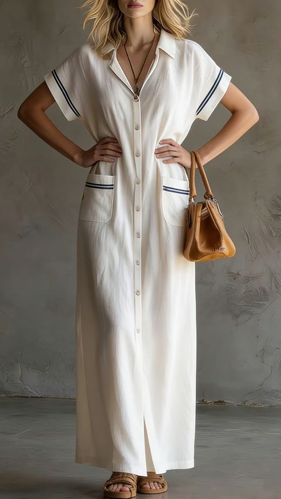Women's Elegant Commuter-Style Short-Sleeve Color-Block Loose Long Shirt Dress