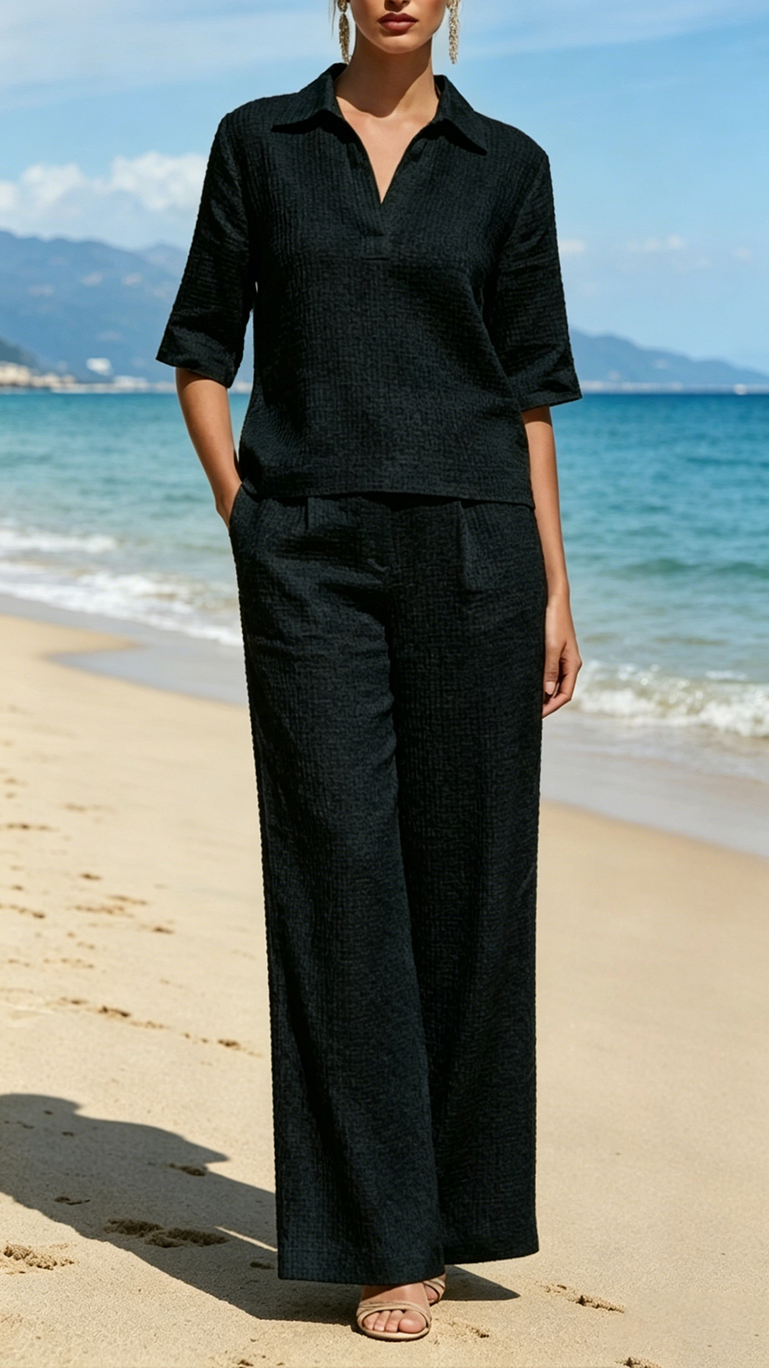 Women's Waffle Knit Polo Collar Wide-Leg Set