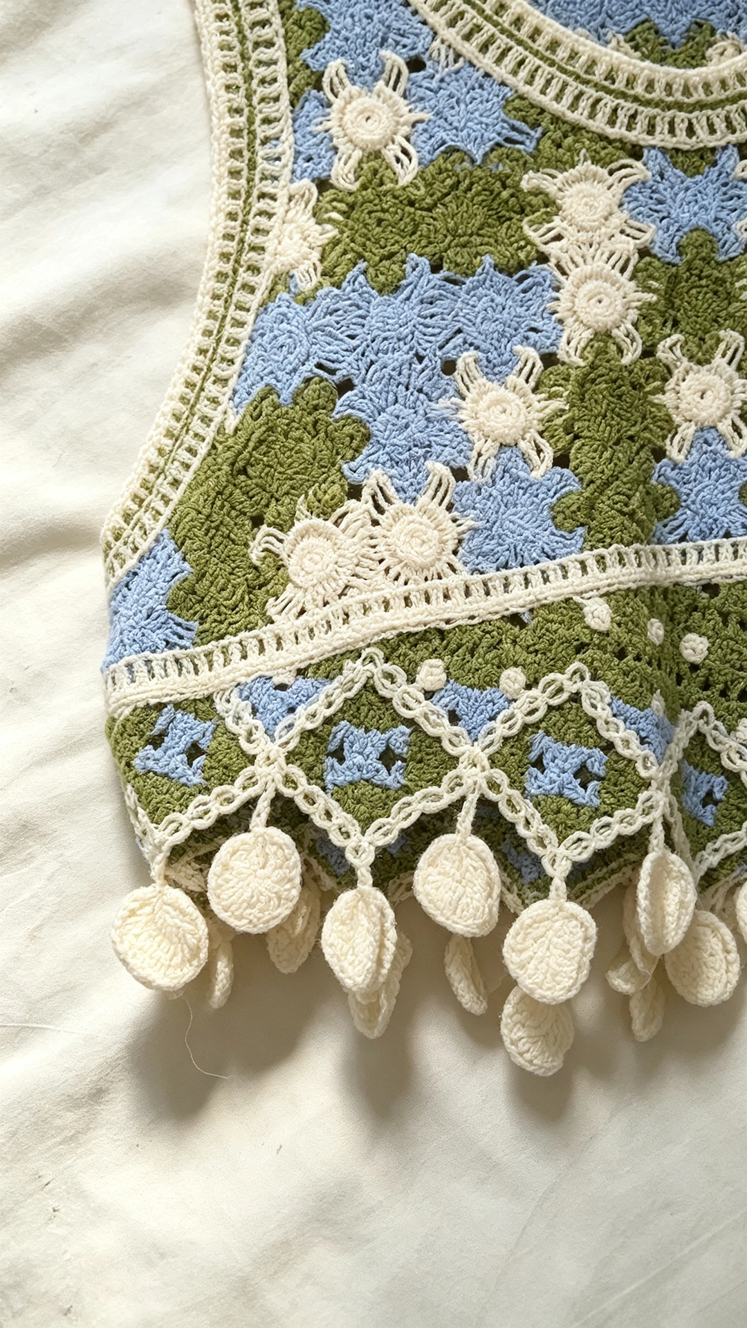 Close up view of handmade inspired crochet floral pattern and lightweight knit texture