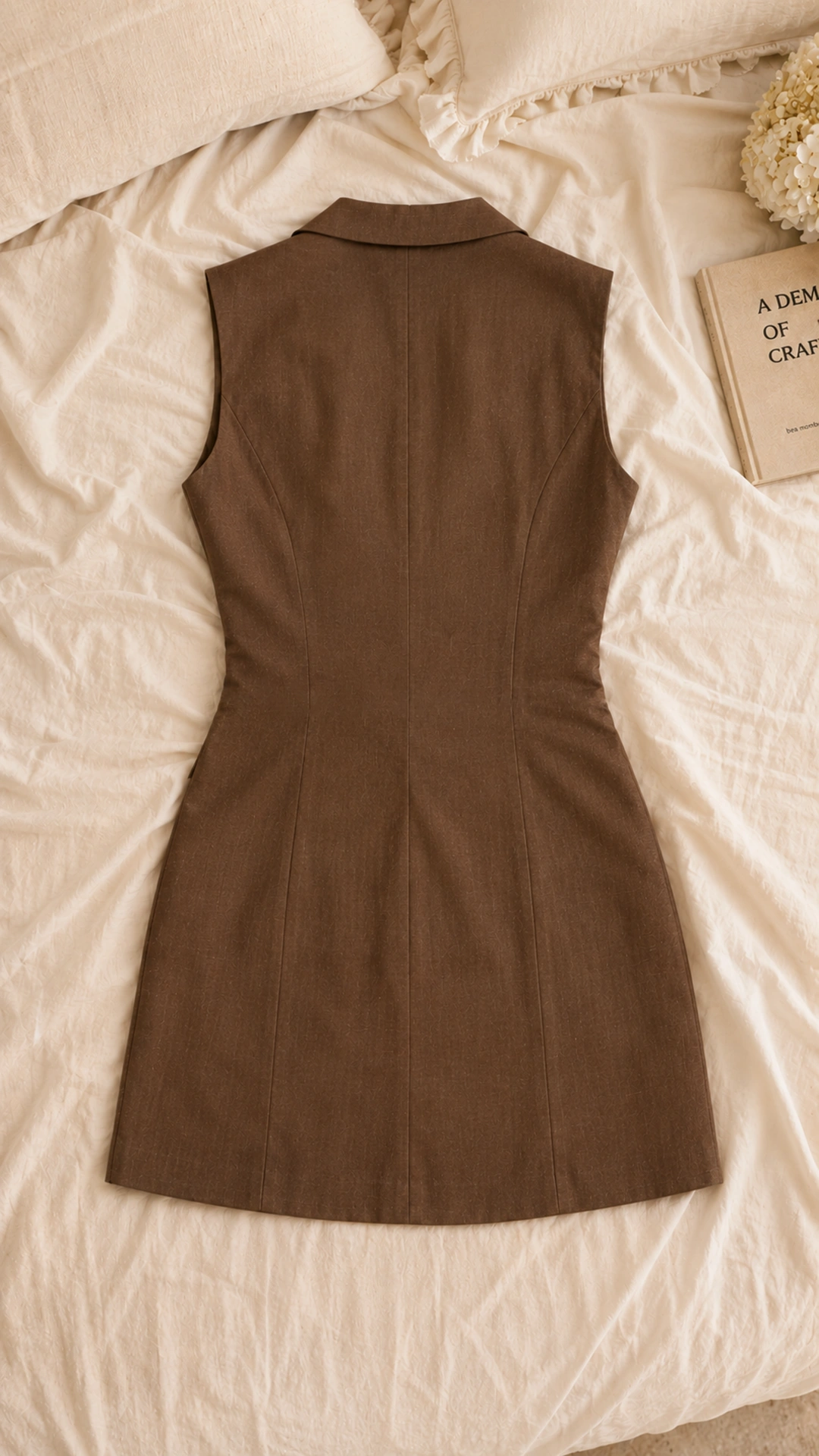 Women's Brown Sleeveless Blazer Dress - Luxury Linen Look Mini Dress with Gold Nautical Buttons