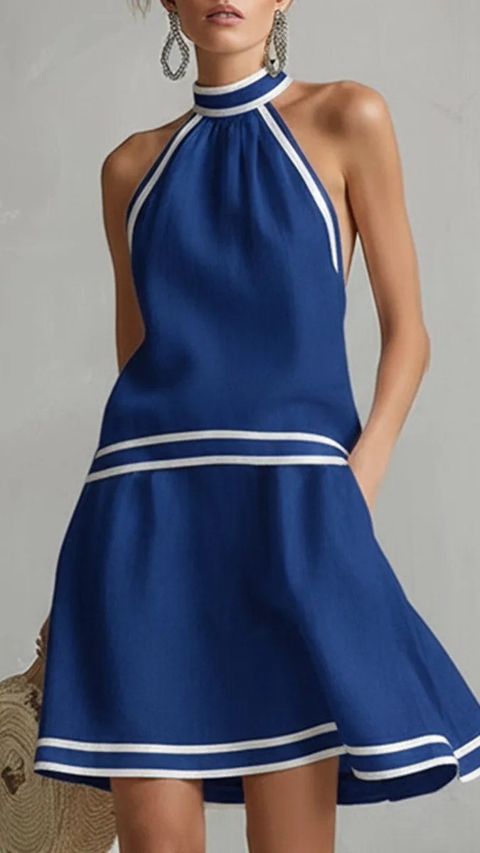 Women's Elegant Color-Block Piped Cotton-Linen Halter Sleeveless Mini Dress