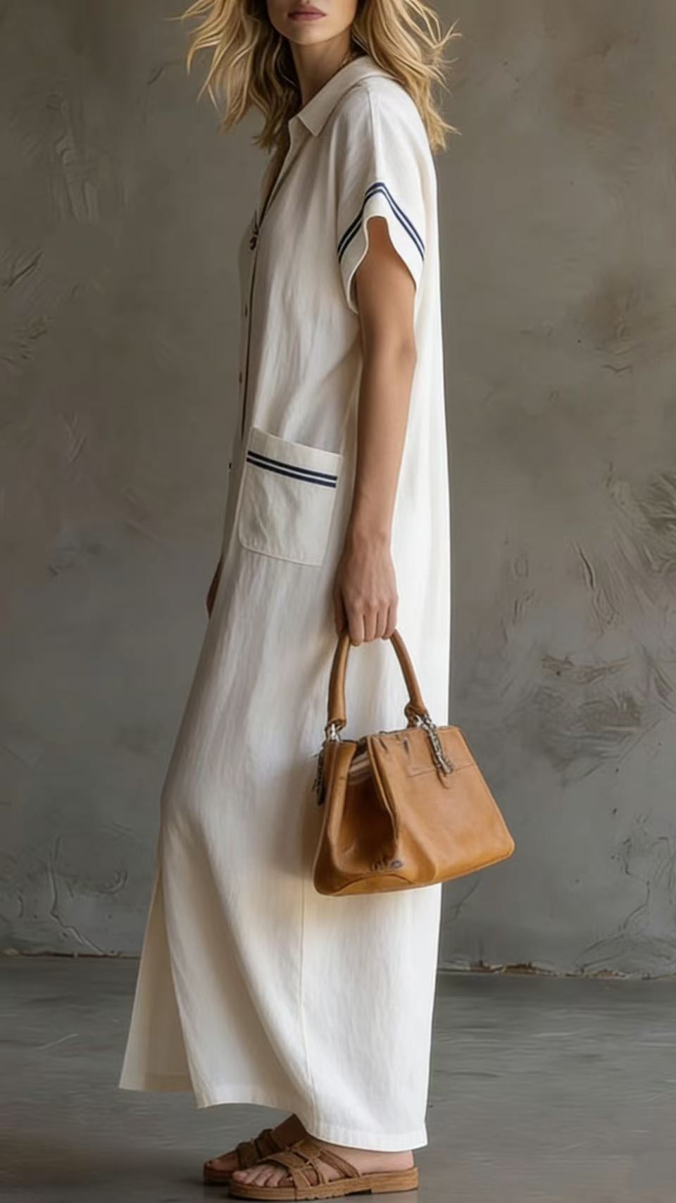 Women's Elegant Commuter-Style Short-Sleeve Color-Block Loose Long Shirt Dress