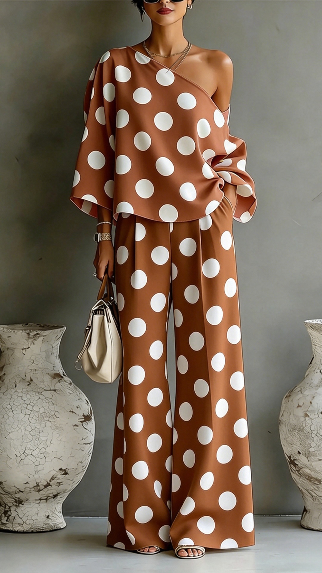 Women's Colorful Polka Dot Off-Shoulder Flowy Two-Piece Set