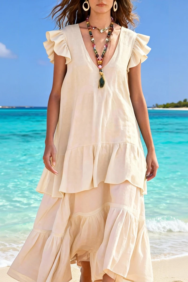 Women's mid-length dress, linen-like fabric, cotton and linen blend material, stylish resort style, figure-flattering and slimming, V-neck with ruffle sleeves (pre-order item)