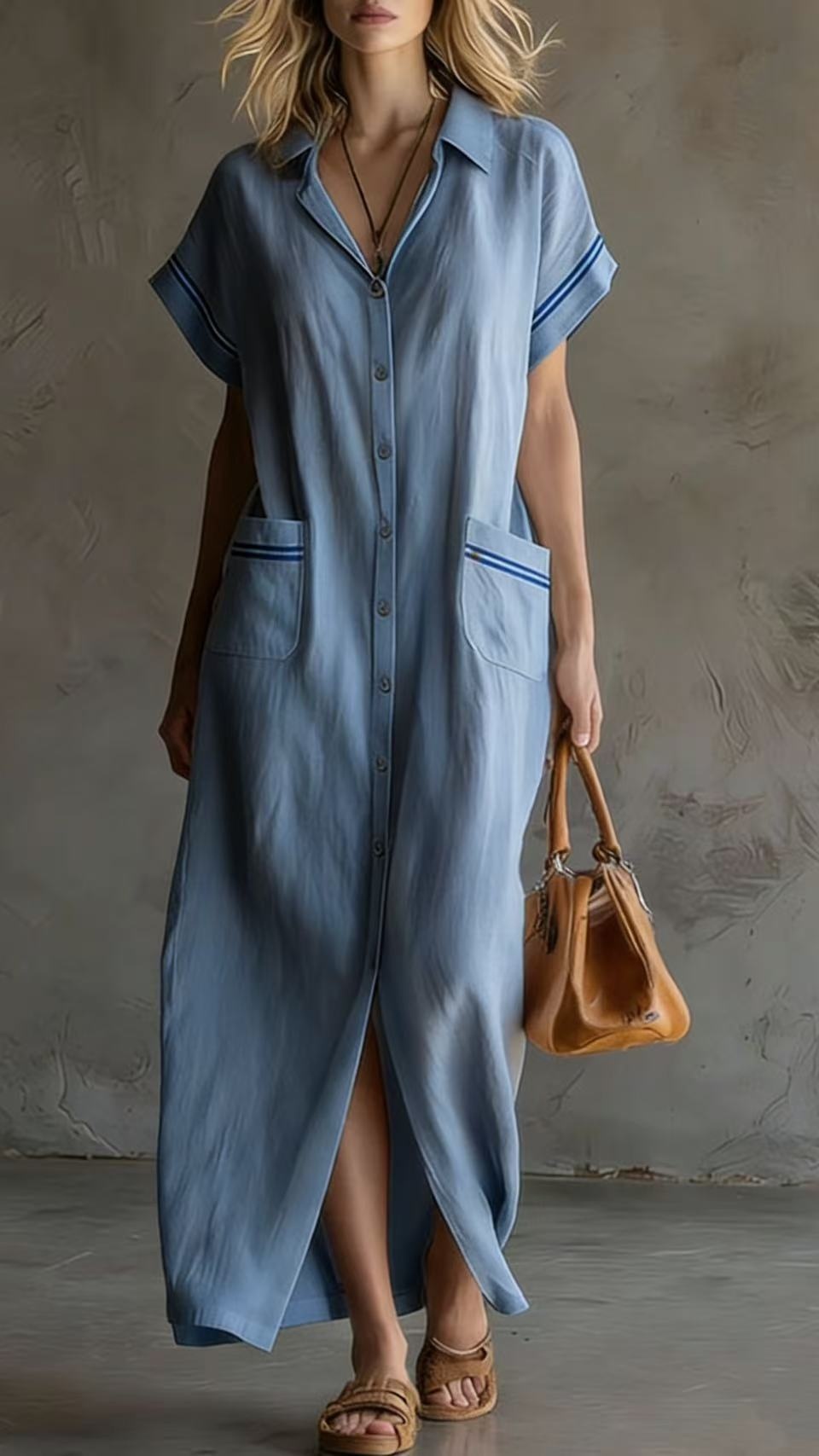 Women's Elegant Commuter-Style Short-Sleeve Color-Block Loose Long Shirt Dress