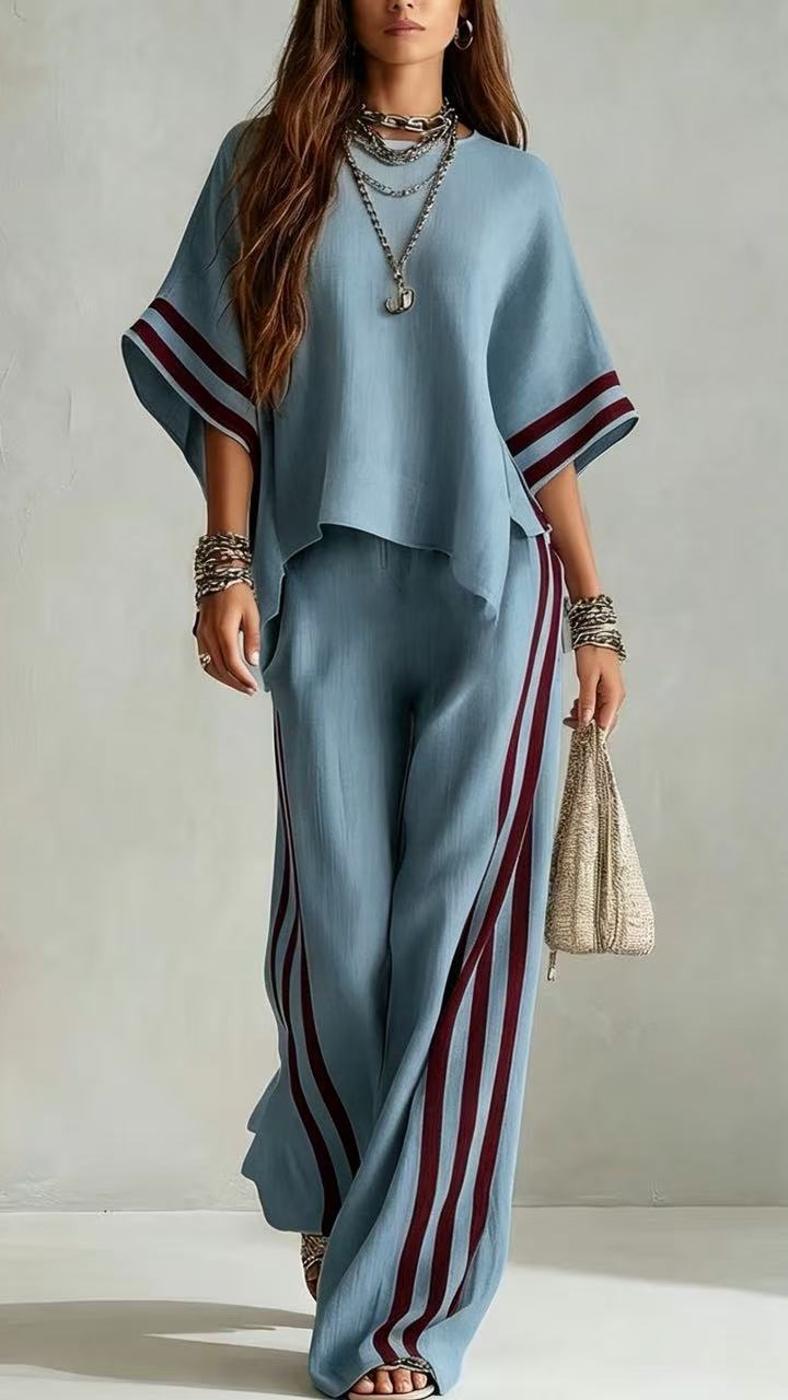 Women's Striped Patchwork Irregular Hem Casual Wide-Leg Pants Two-Piece Set