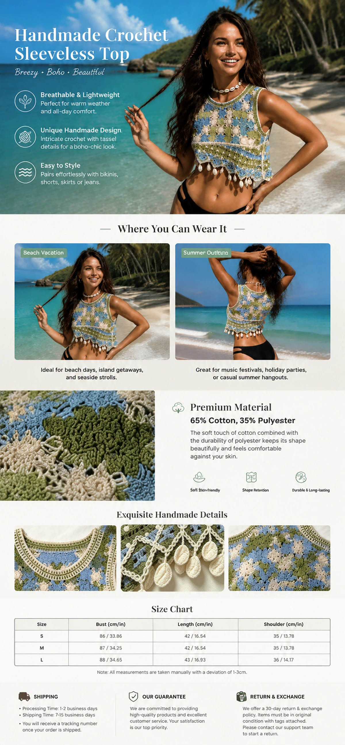 Inspired by coastal escapes and bohemian craftsmanship, this crochet floral crop top brings texture, femininity, and effortless summer charm to your wardrobe.  The open-knit design creates a lightweight feel while the floral pattern adds a romantic handmade touch.  Pair it with your favorite bikini bottoms, linen pants, denim shorts, or flowing skirts for the perfect vacation-ready look.  Why you'll love it:  🌸 Floral crochet texture 🌊 Lightweight summer design ☀️ Perfect beach layering piece ✨ Feminine boho aesthetic 🤍 Unique handmade-inspired look  Perfect For:  ✓ Beach vacations ✓ Resort holidays ✓ Music festivals ✓ Poolside styling ✓ Summer dates ✓ Sunset photos