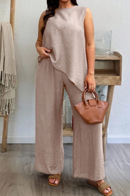 Women's summer casual two-piece set, including a sleeveless solid-color top and trousers（Pre-order payment）