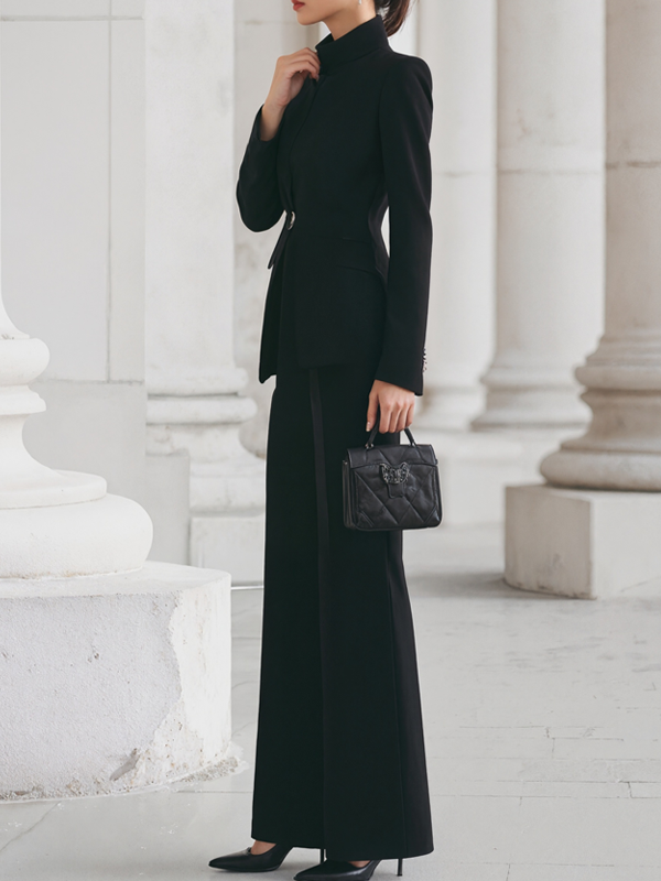 Women's long-sleeved solid-color blazer with pockets and one-button closure + long trousers two-piece set