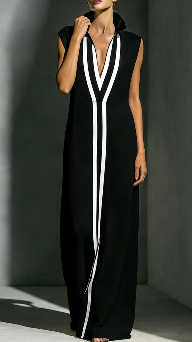 Women's V-neck sleeveless cotton linen slim-fit stand collar dress