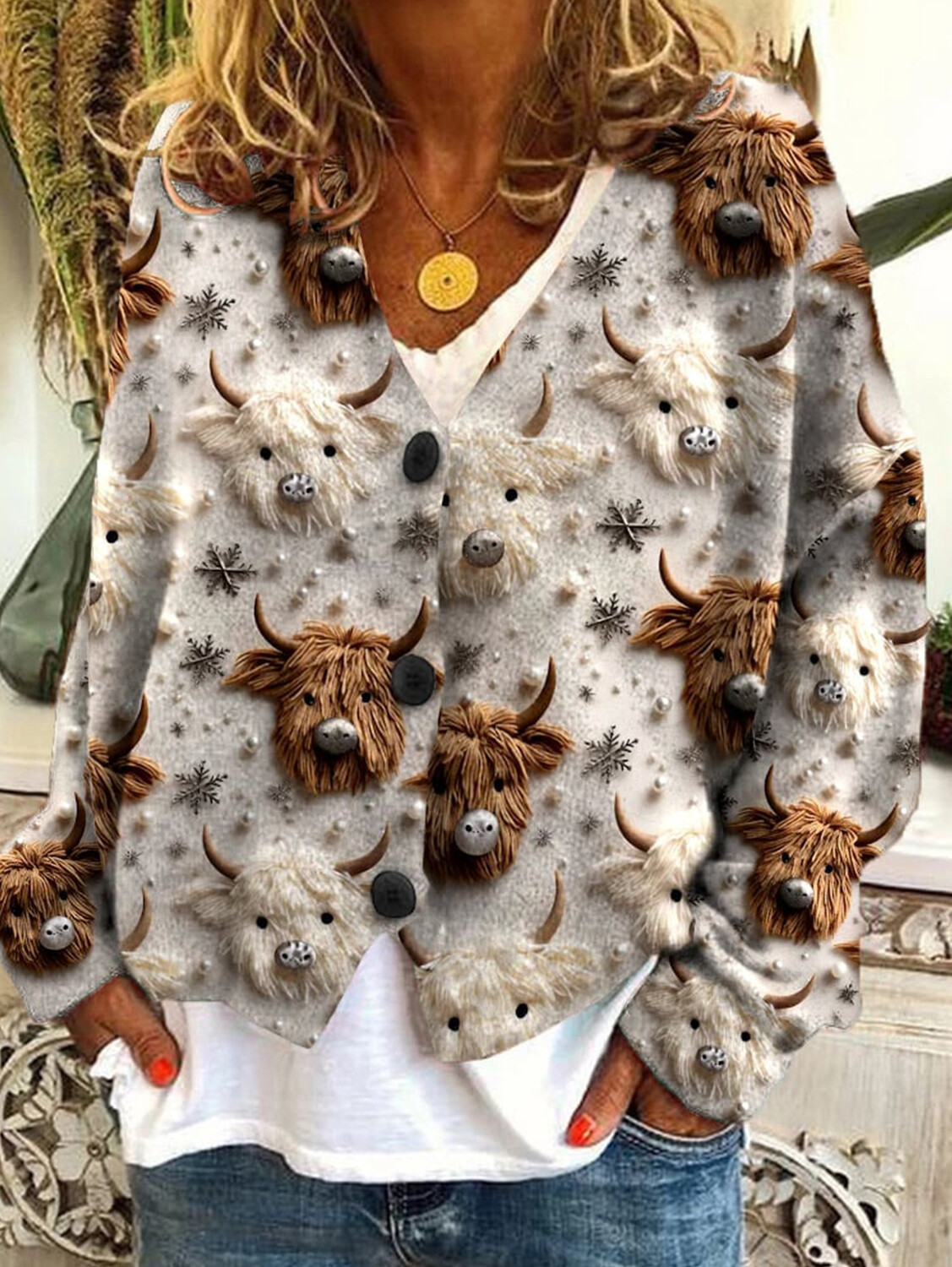 Women's casual floral pattern three-button knitted cardigan sweater