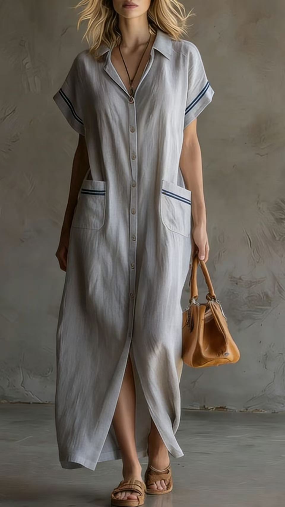 Women's Elegant Commuter-Style Short-Sleeve Color-Block Loose Long Shirt Dress