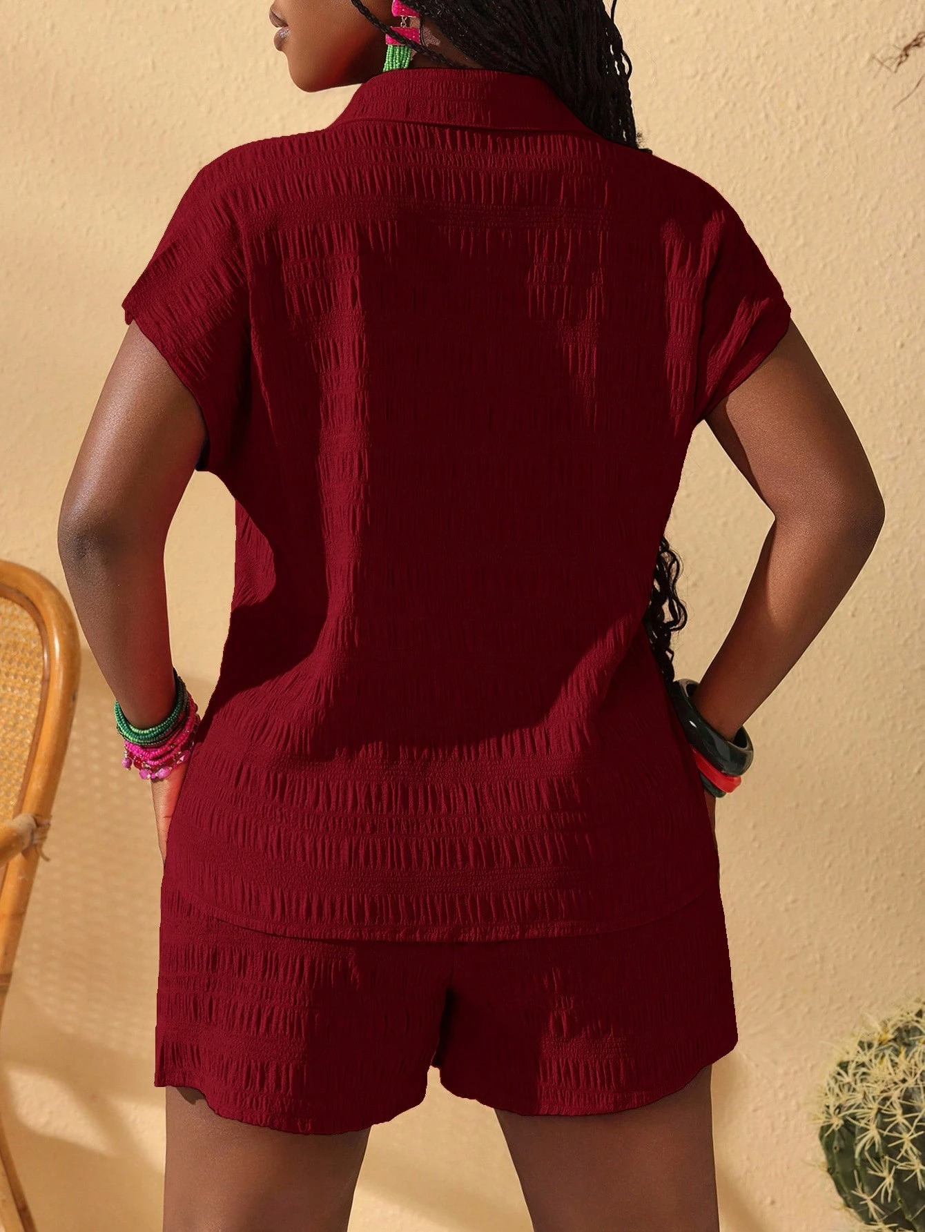 Women's Stylish Two-Piece Set: Stand-Collar, Button-Front, Short-Sleeve Top & Shorts