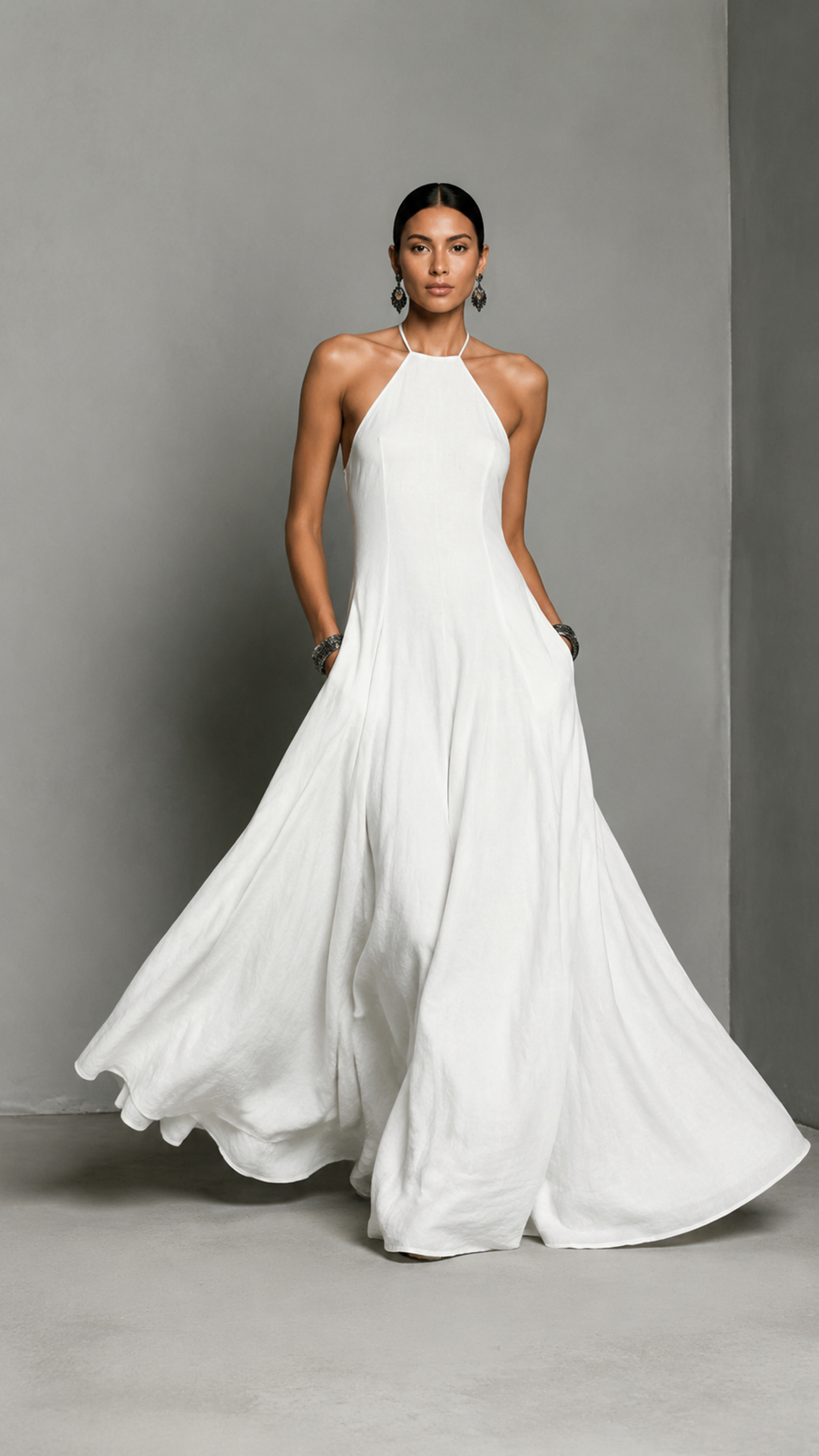 alt=“2026 Spring Linen-Blend Off-Shoulder A-Line Maxi Dress - Retro Literary Travel Style,  White”