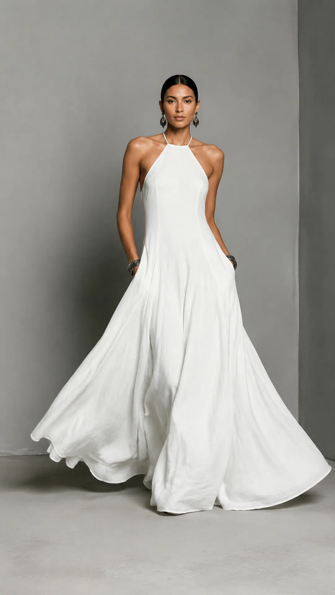 Elegant Linen Blend Maxi Dress for Women – Sleeveless A-Line Summer Dress with Halter Neck, Perfect Wedding Guest & Vacation Outfit