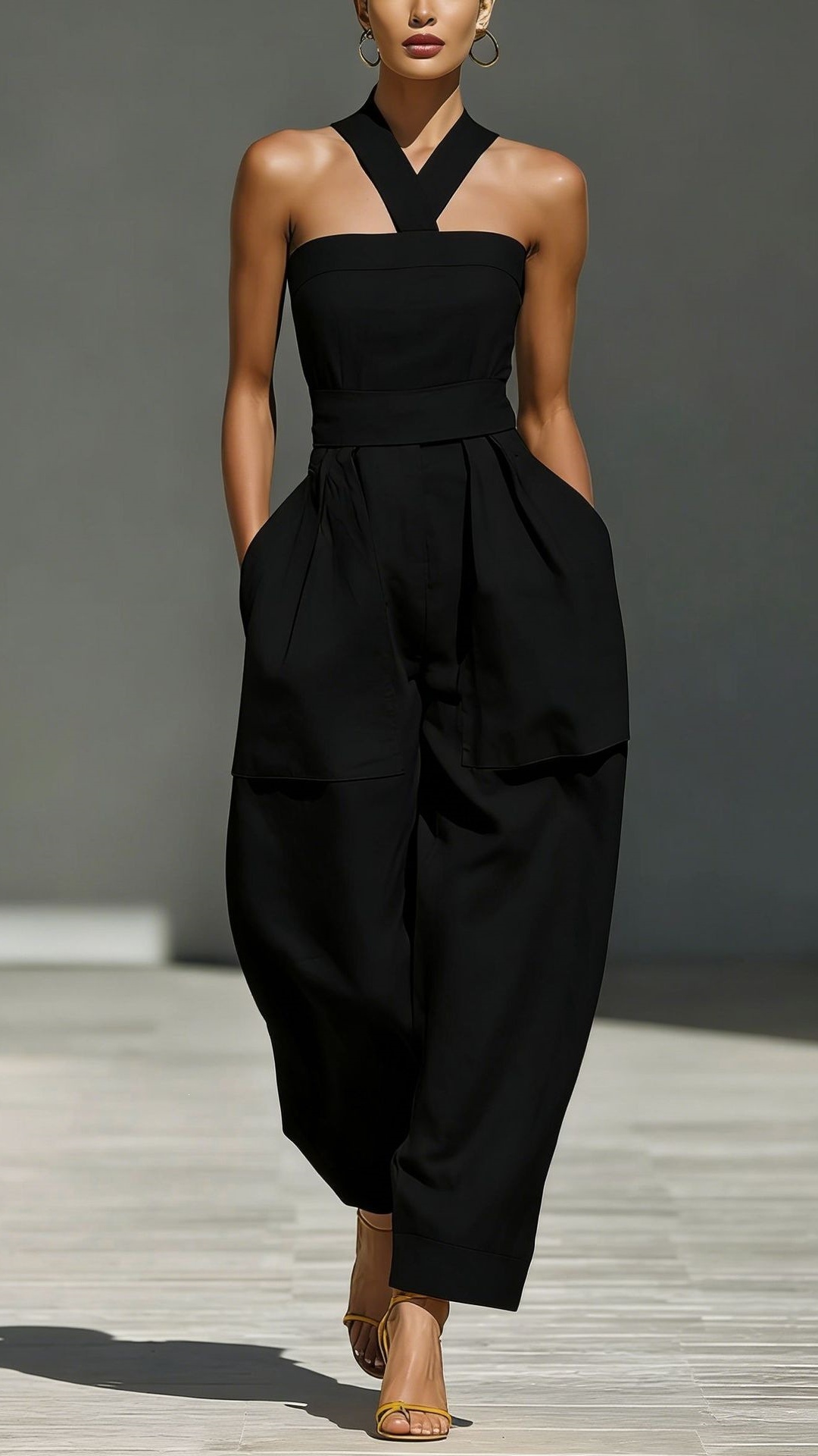 Women's Linen Blend Crossover Halter Neck Loose Fit Jumpsuit