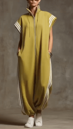 Women's Relaxed Stand-collar Short-sleeved Casual Loose Cotton Wide-leg Jumpsuit