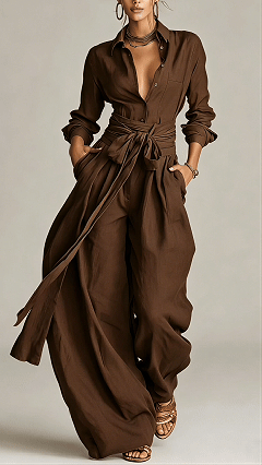 Women's  Cotton-Linen Shirt & Wide-Leg Pants Set with Belt