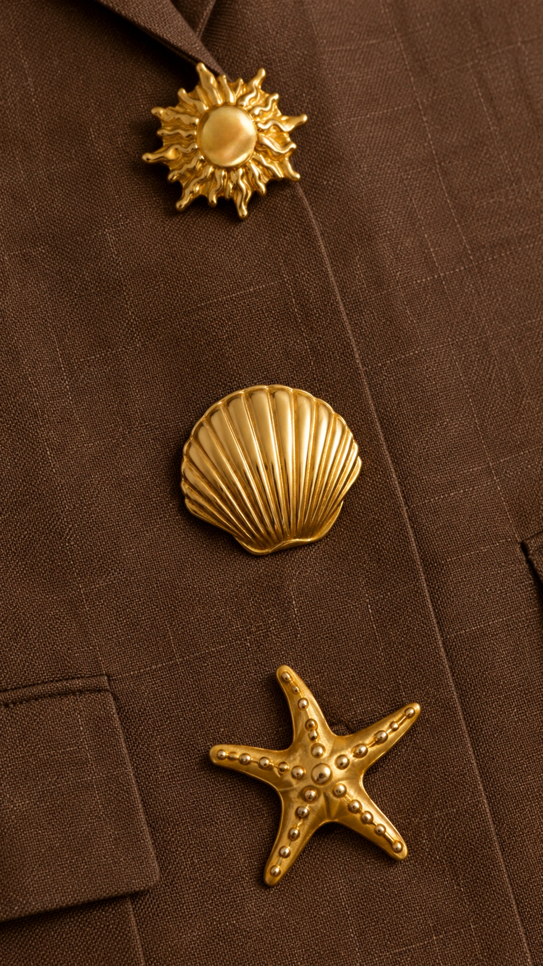 Women's Brown Sleeveless Blazer Dress - Luxury Linen Look Mini Dress with Gold Nautical Buttons