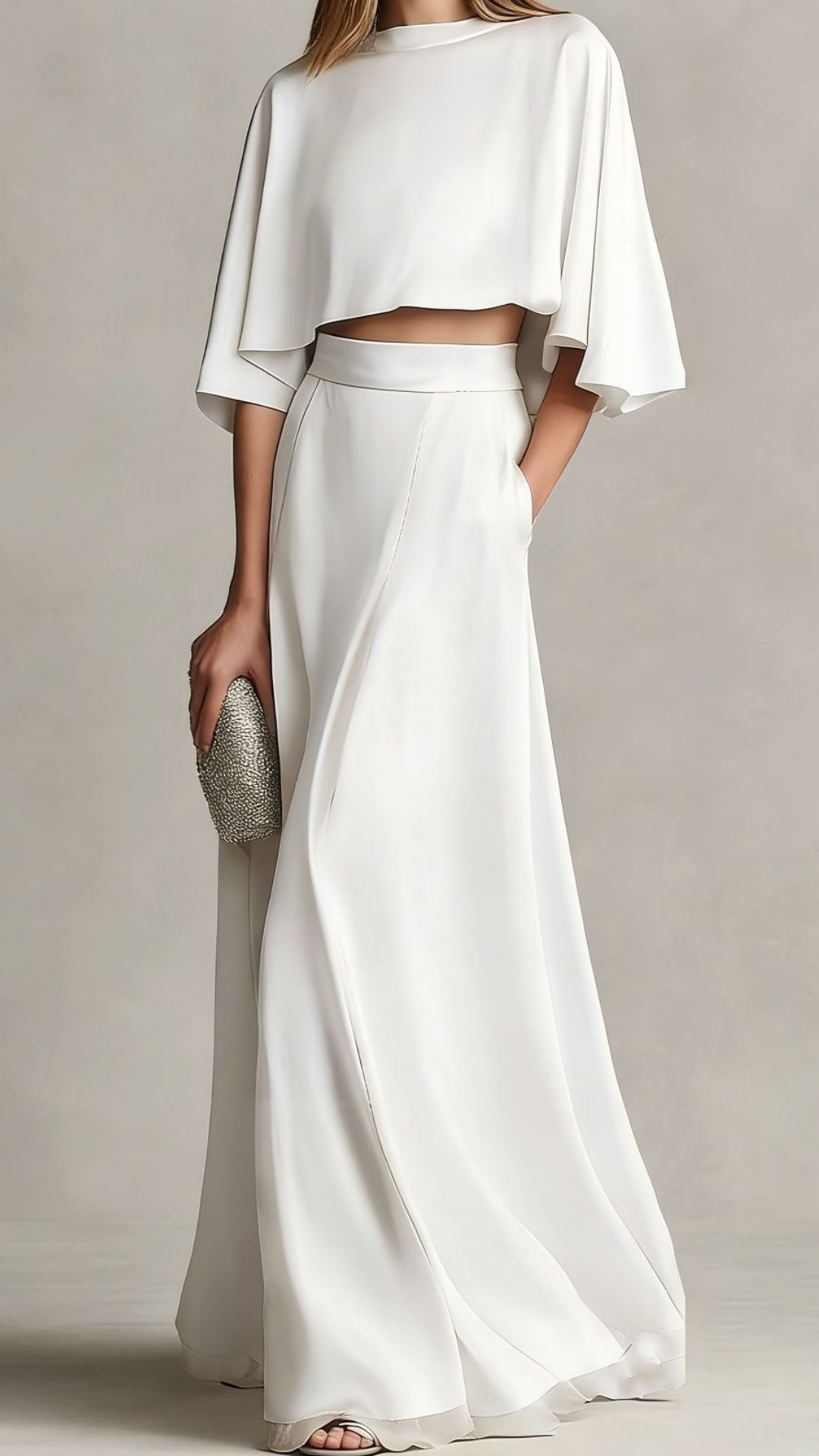 Women's Two-Piece Satin Maxi Dress Set with Shawl Sleeves