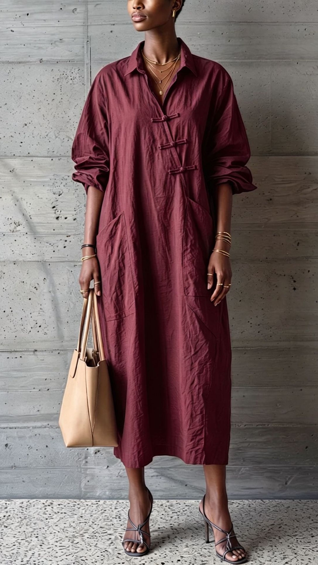 Women's cotton linen collared button-down shirt dress