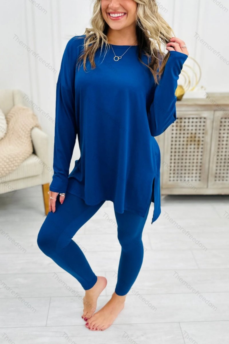 Women's autumn two-piece set, stylish solid color long-sleeved split-hem loungewear set