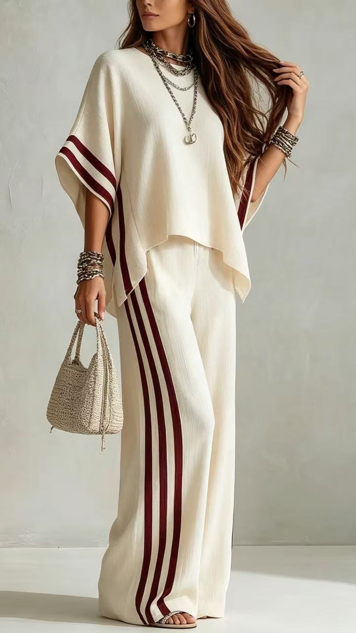 Women's Striped Patchwork Irregular Hem Casual Wide-Leg Pants Two-Piece Set