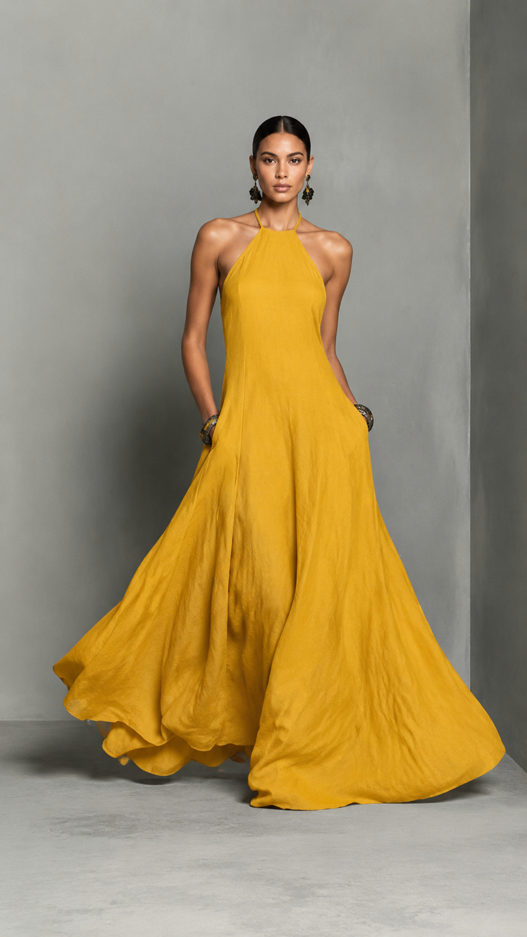 alt=“2026 Spring Linen-Blend Off-Shoulder A-Line Maxi Dress - Retro Literary Travel Style,  Yellow”