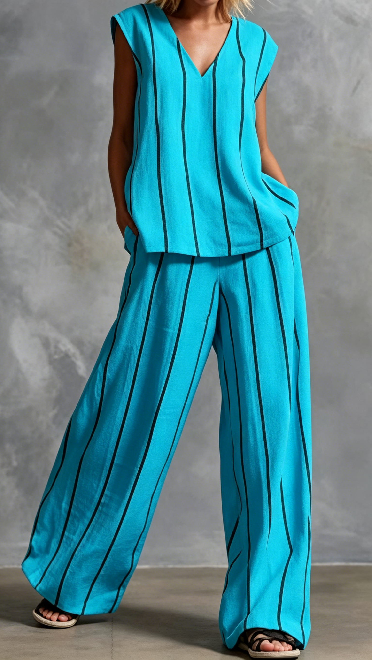 Women's Vertical-Stripe Loose-Fit Slimming Cotton-Linen Two-Piece Set