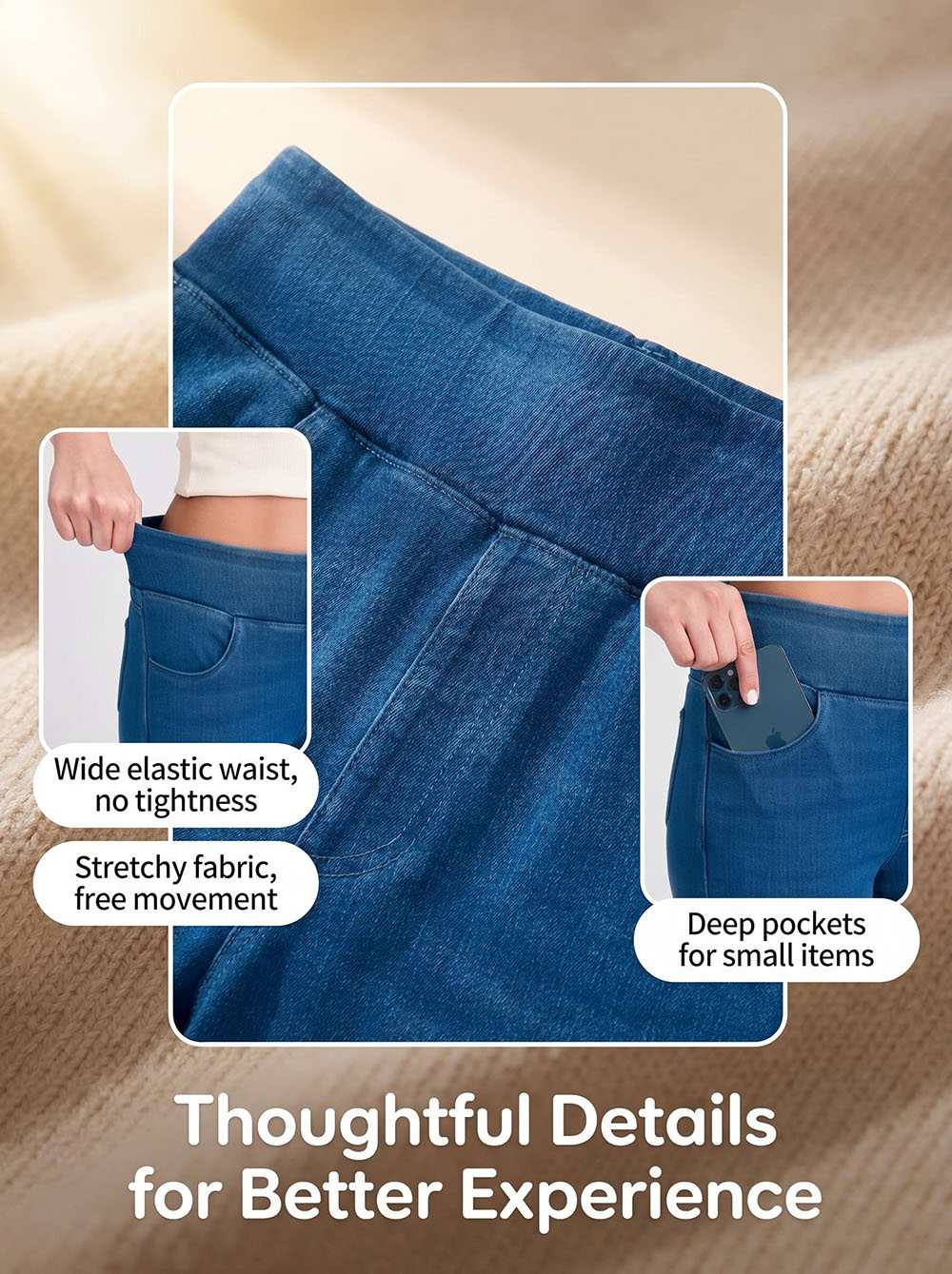 Practical back pockets of high waisted jeans - deep pocket design with tailored stitching for aesthetic and functionality
