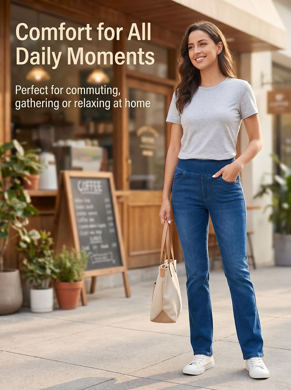 High waisted stretchy jeans for women - model wearing off-shoulder top and white sneakers, showing bootcut fit and whisker wash design