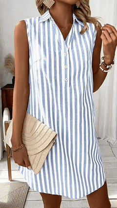 Women's minimalist sleeveless V-neck button-down striped shirt dress
