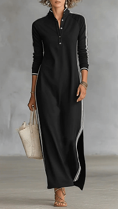 Women's Black and White Striped Sporty Stand-Collar Maxi Dress