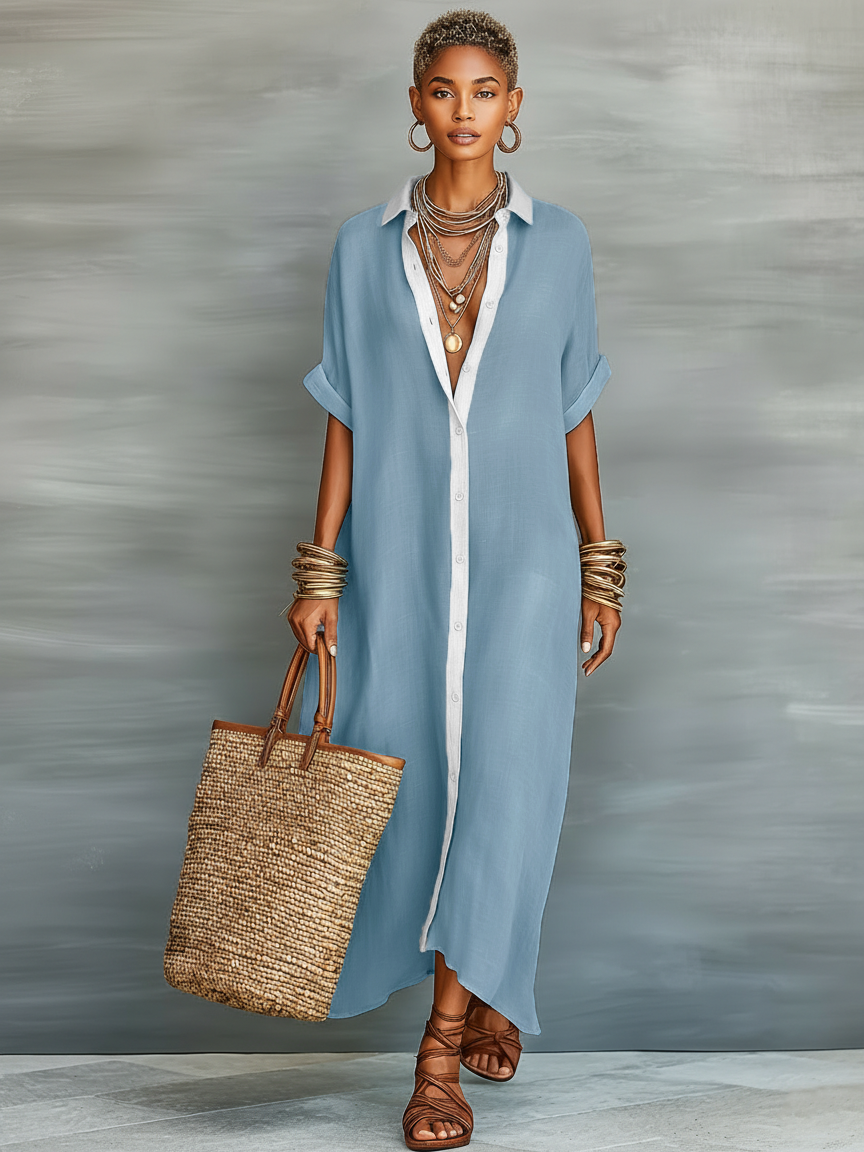 Women's Minimalist Linen Blend Short-sleeved Shirt Maxi Dress