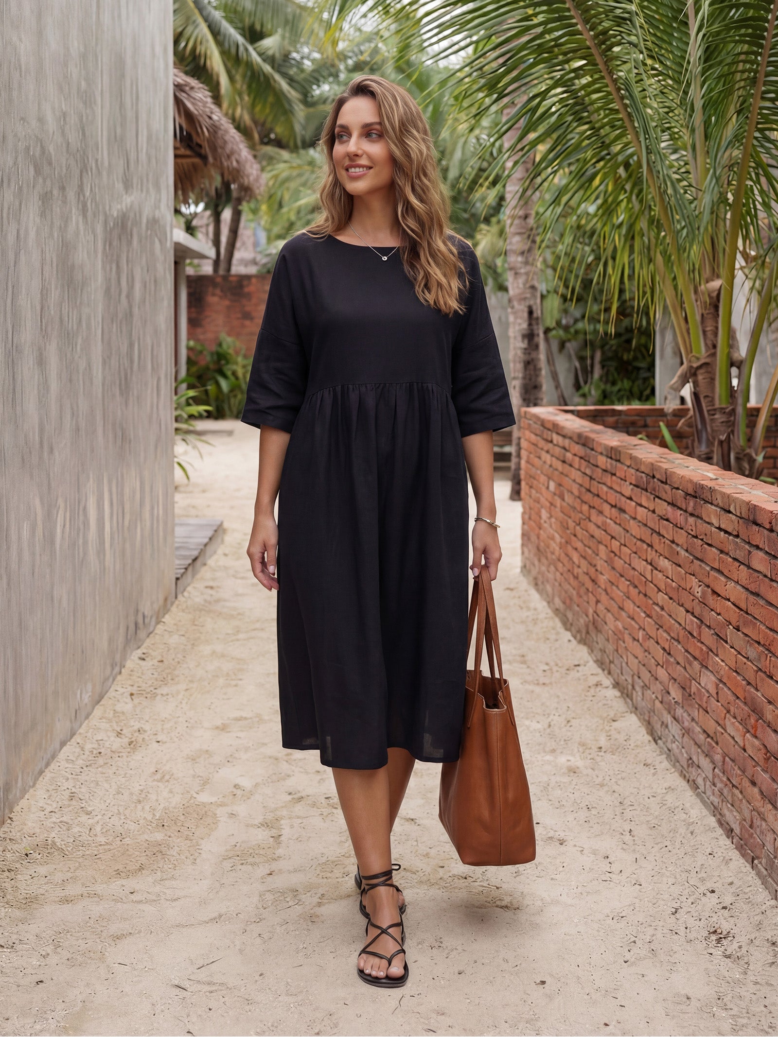 Women's Cotton-Linen Casual Short-Sleeve Dress Loose Fit, Round Neck, Pockets, and Pleated Details