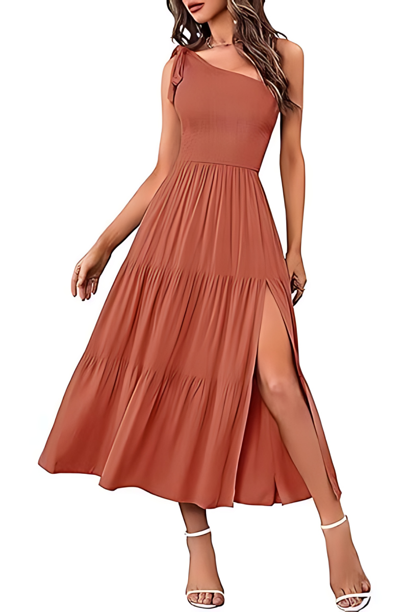 Women's Summer One-Shoulder Sleeveless Dress with Knot Detail, Ruching, and Center Slit