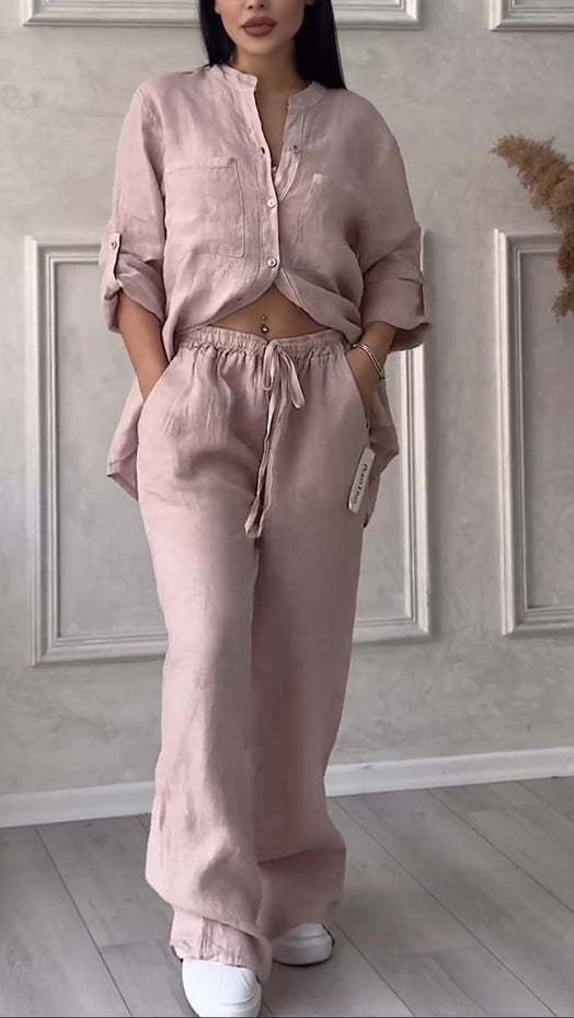 Women's Casual Cotton-Linen Solid-Color Shirt & Drawstring Wide-Leg Pants Two-Piece Set
