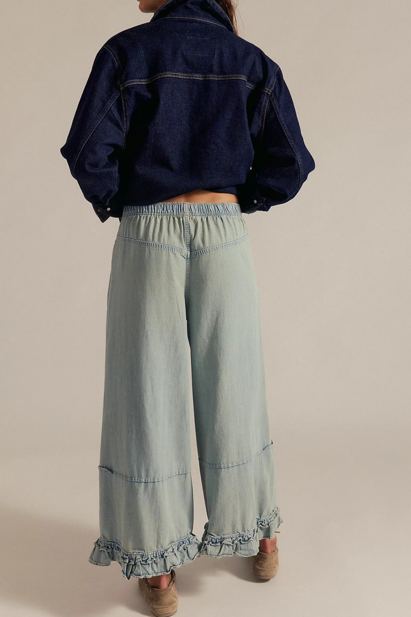 Women's fashionable casual wide-leg cropped jeans with ruffled hem