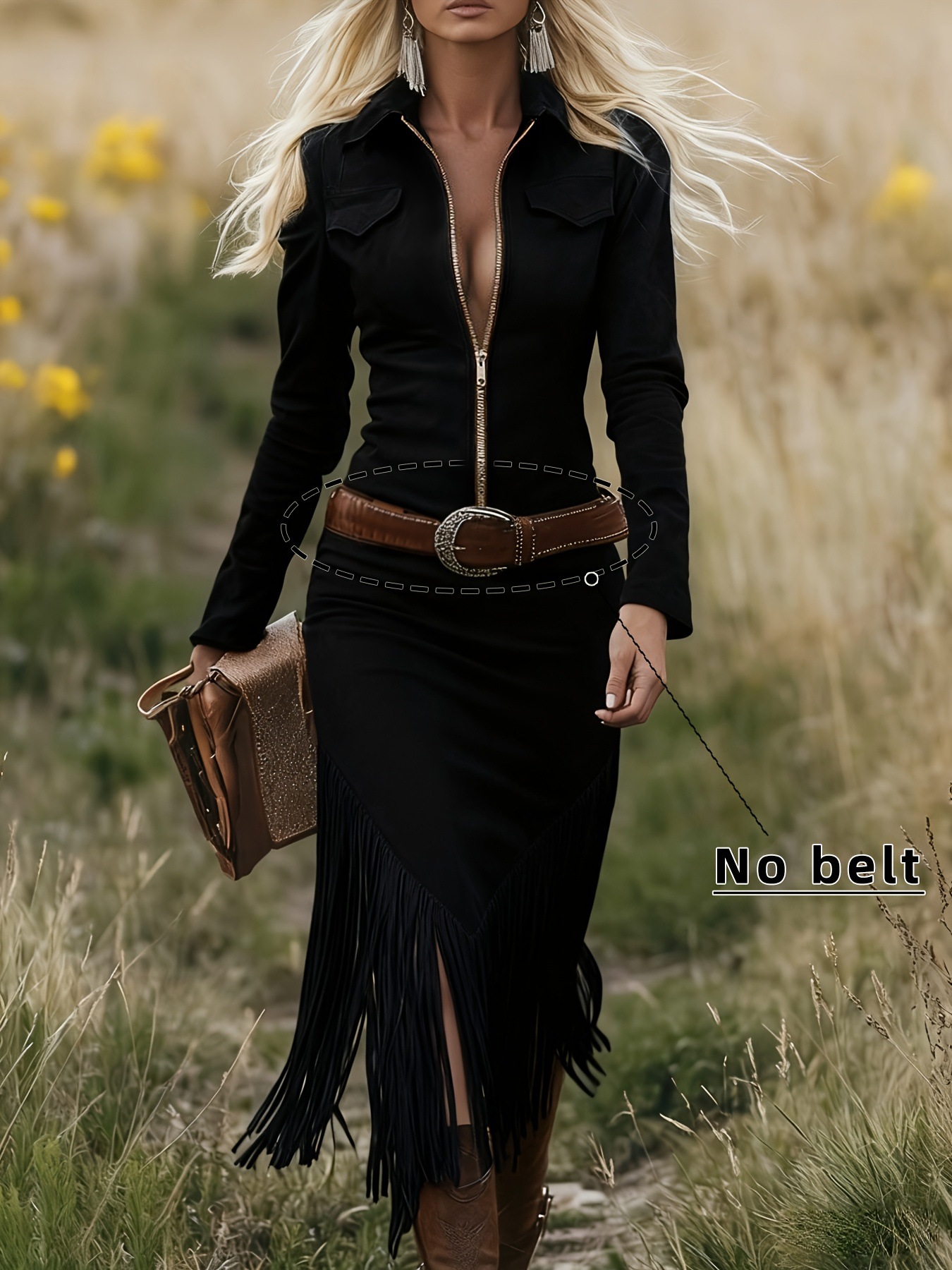 Women's lapel long-sleeved belted Western-style pocket suede midi dress